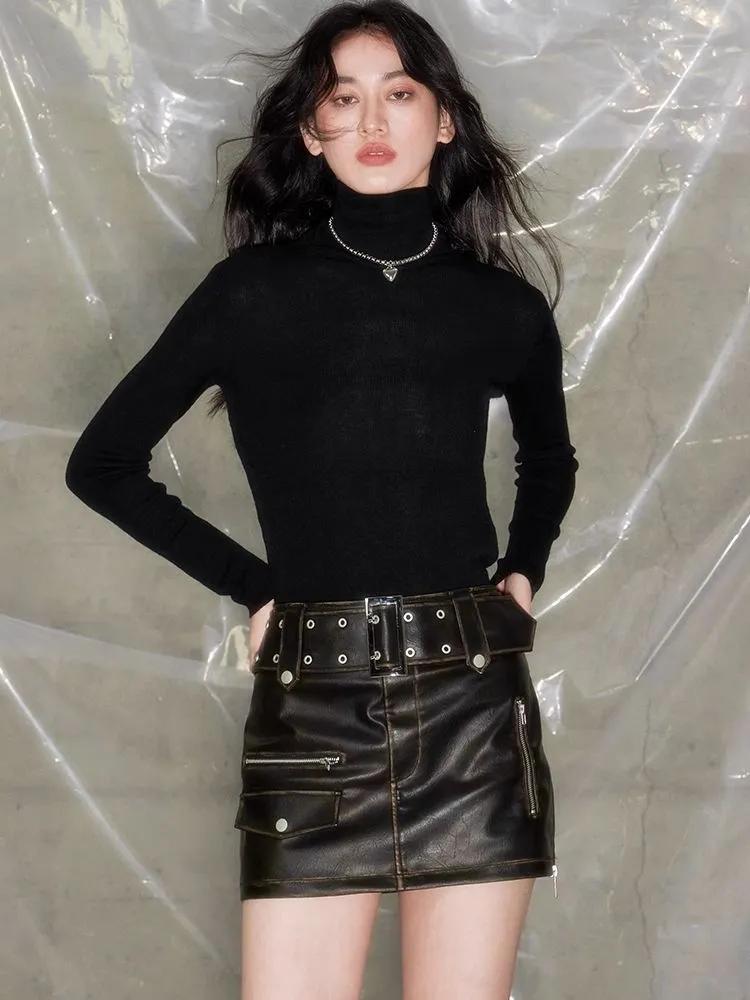 Retro rivets package hip leather skirt【s0000004880】