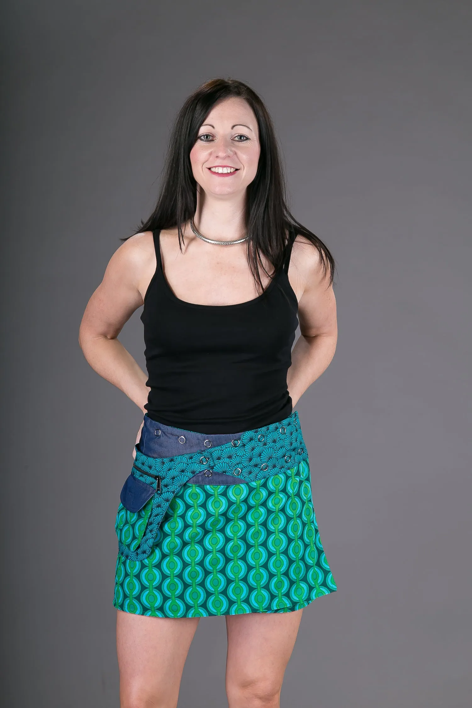 Reversible Cotton Denim Skirt Green Print with Pocket