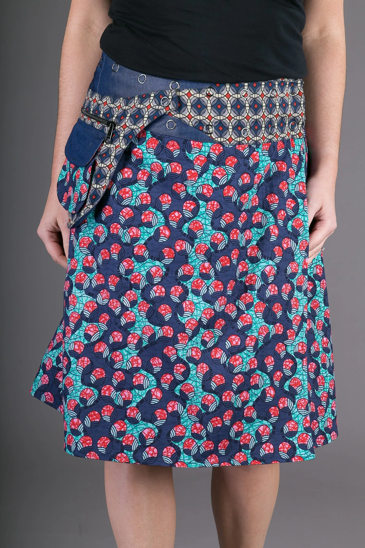 Reversible Cotton Denim Skirt Red Blue Print with Pocket