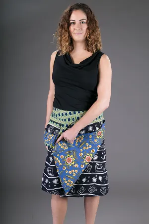 Reversible Cotton Skirt Blue Floral Black White Print with Pocket