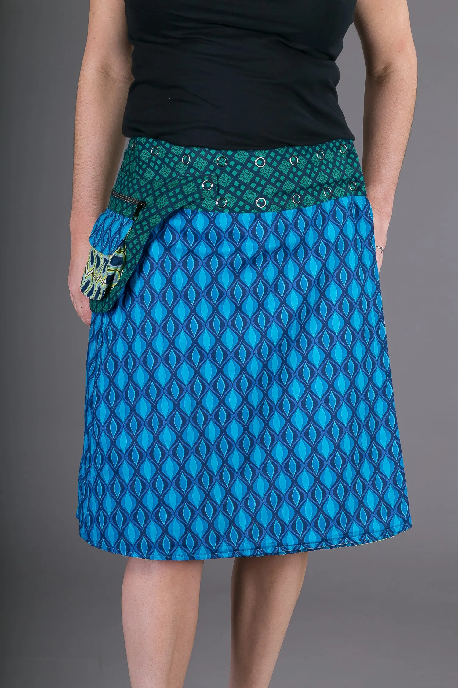 Reversible Cotton Skirt Blue Yellow Geometric Print with Pocket