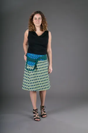 Reversible Cotton Skirt Blue Yellow Geometric Print with Pocket