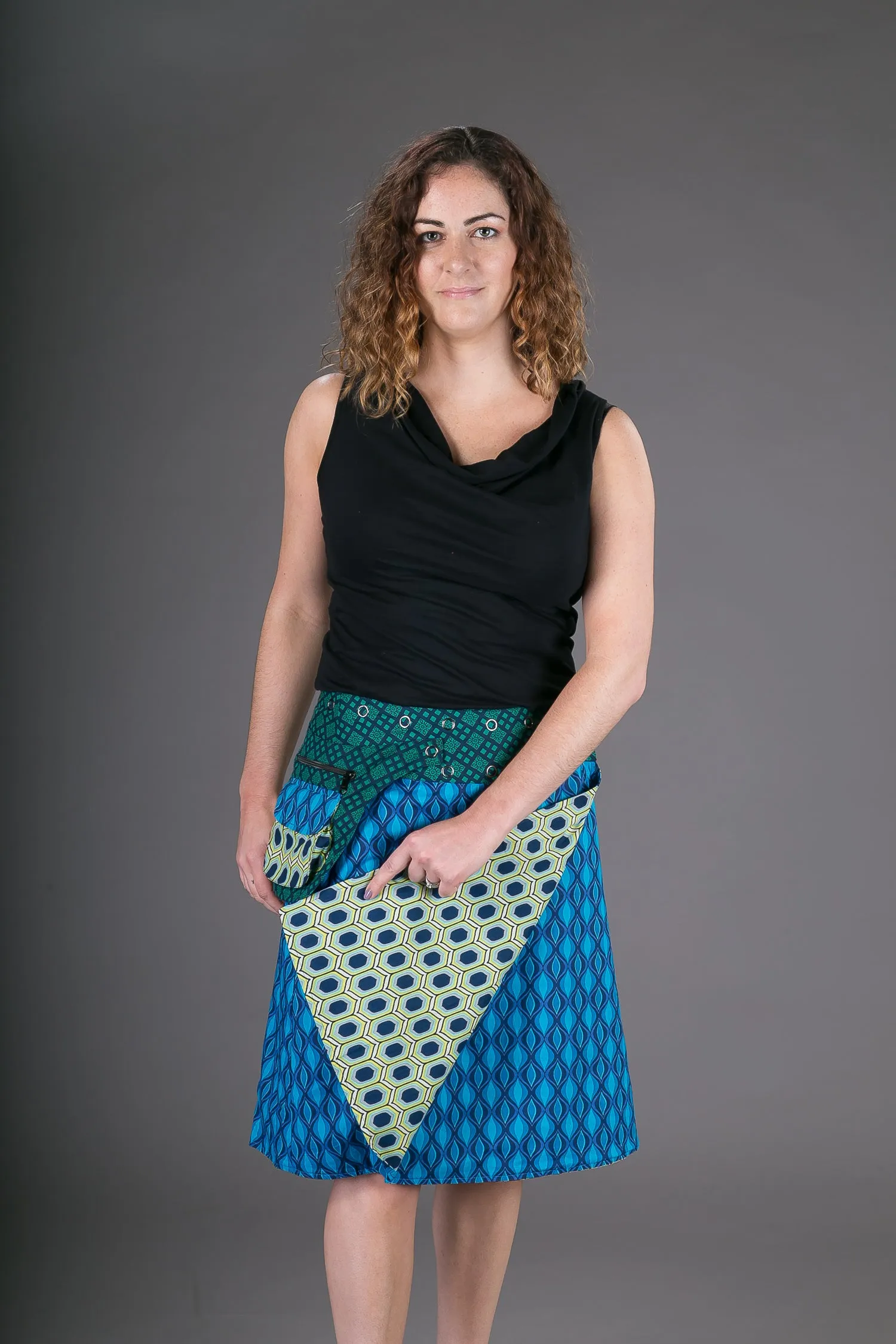 Reversible Cotton Skirt Blue Yellow Geometric Print with Pocket