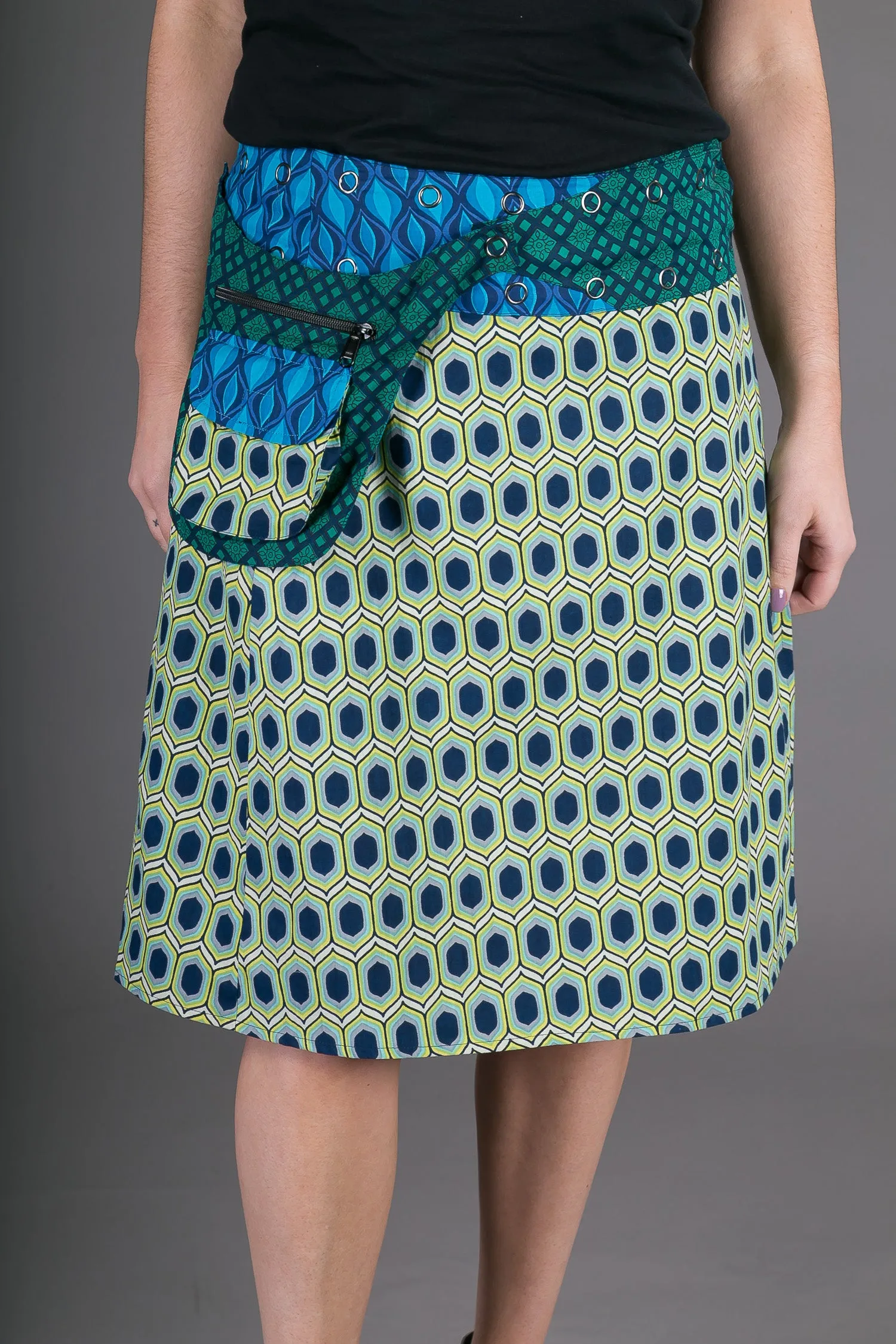 Reversible Cotton Skirt Blue Yellow Geometric Print with Pocket