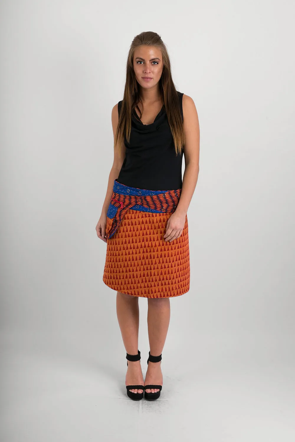 Reversible Cotton Skirt Orange Blue Print Orange Blue Print Belt with Detachable Pocket