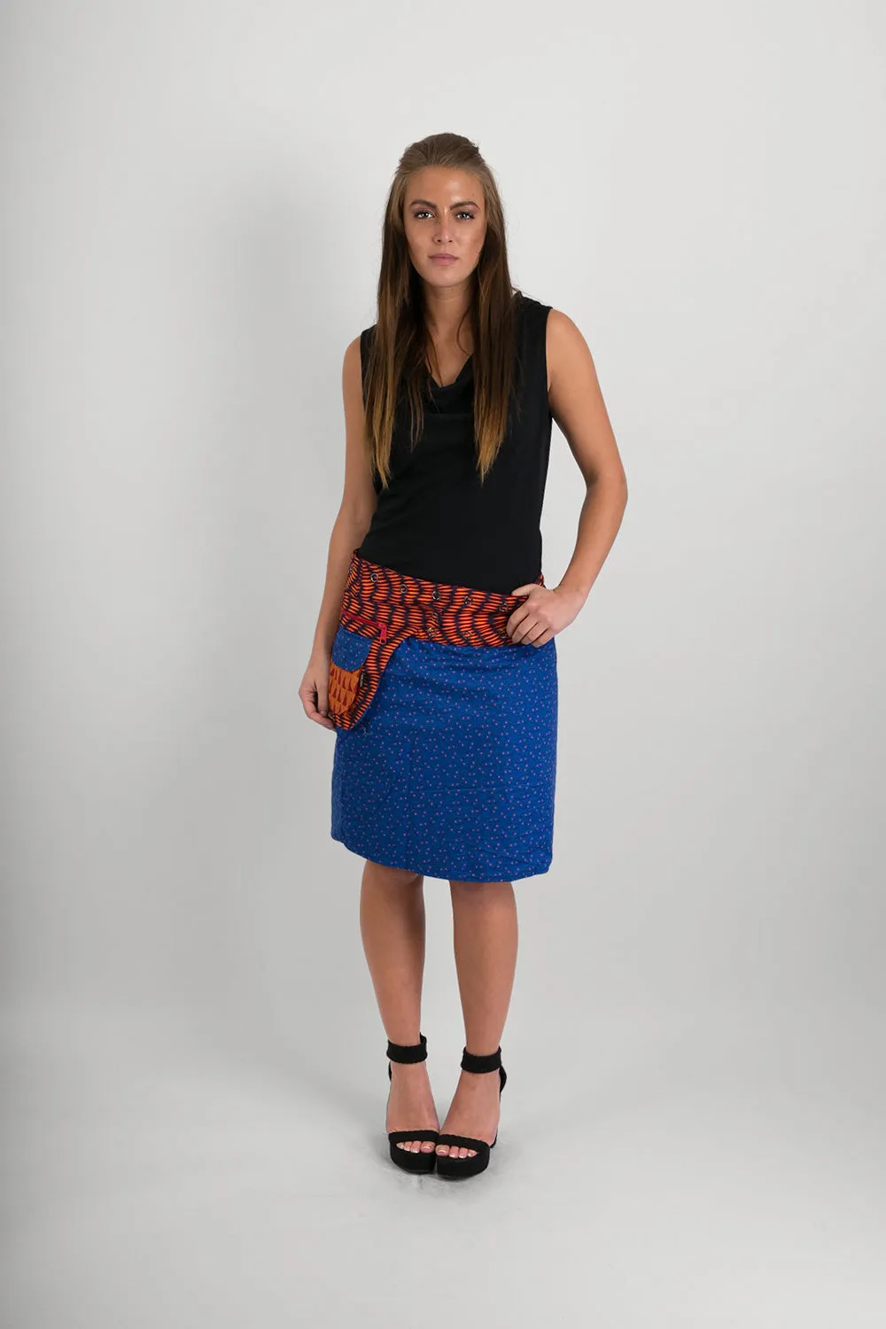 Reversible Cotton Skirt Orange Blue Print Orange Blue Print Belt with Detachable Pocket