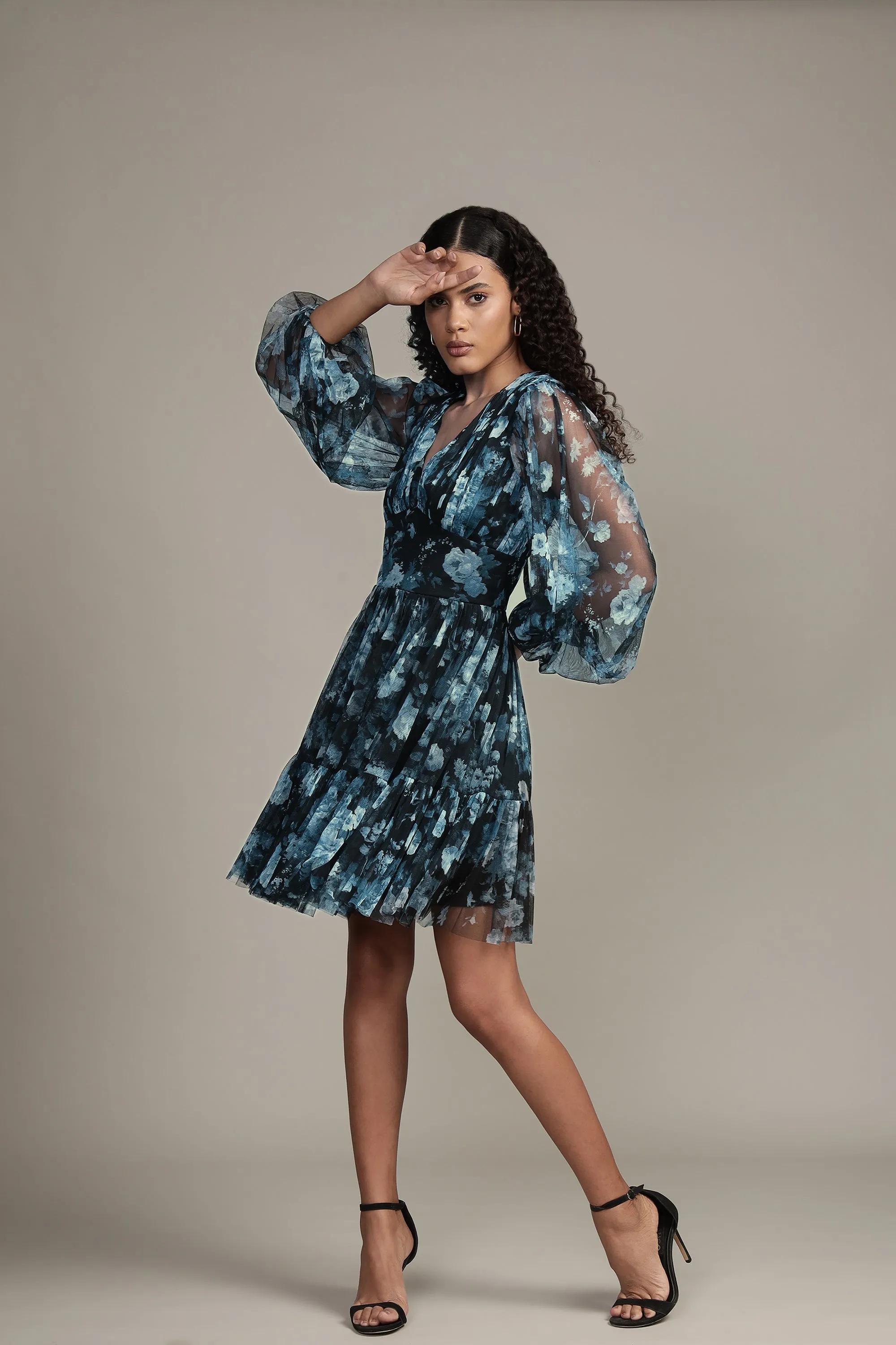 Rome Blue Floral Tulle Mini Dress