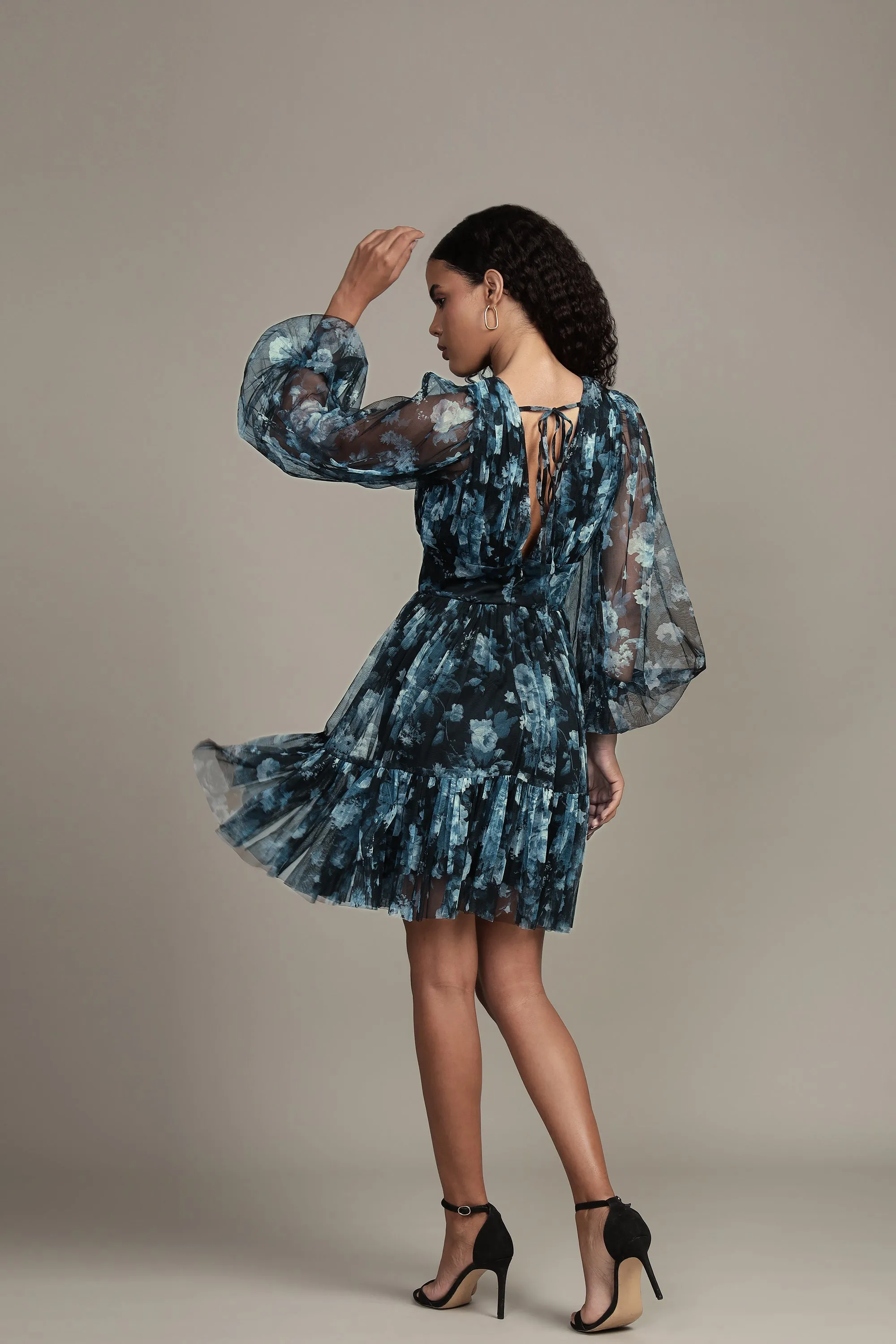 Rome Blue Floral Tulle Mini Dress