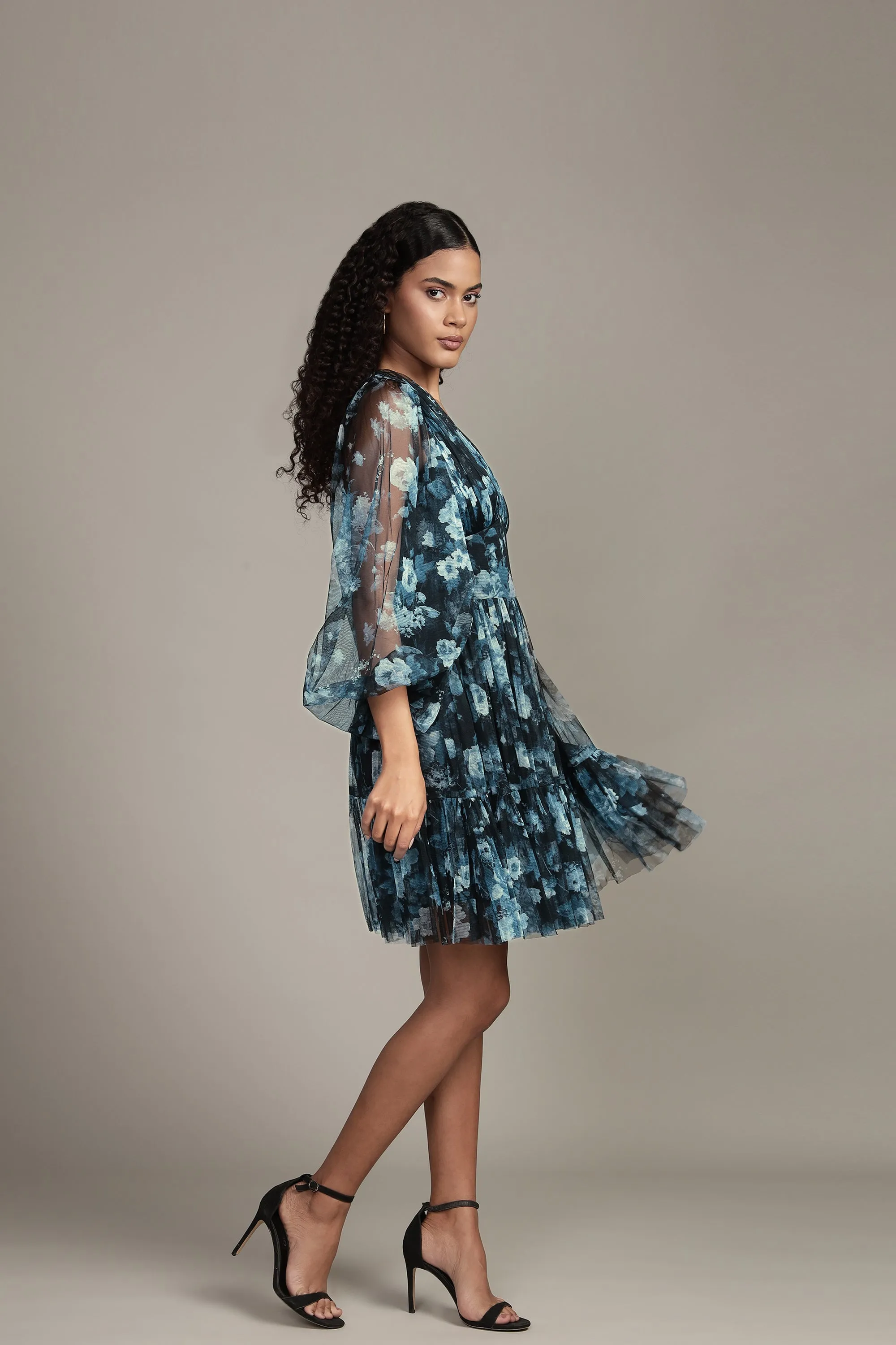 Rome Blue Floral Tulle Mini Dress