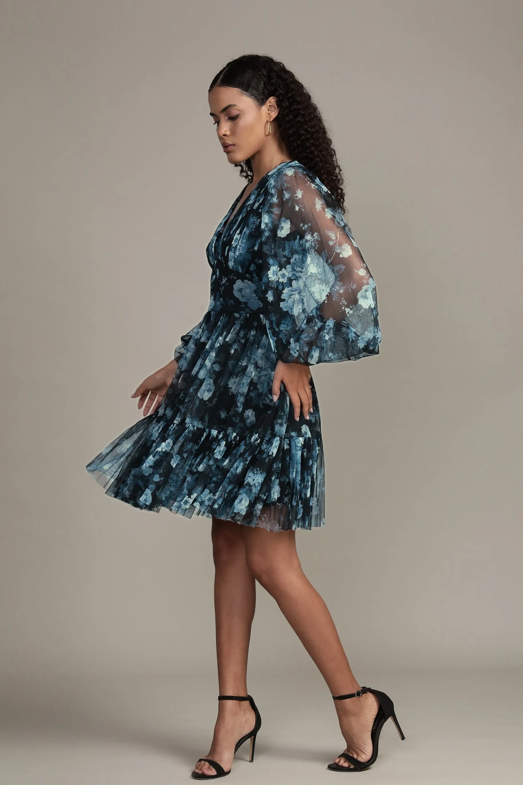 Rome Blue Floral Tulle Mini Dress