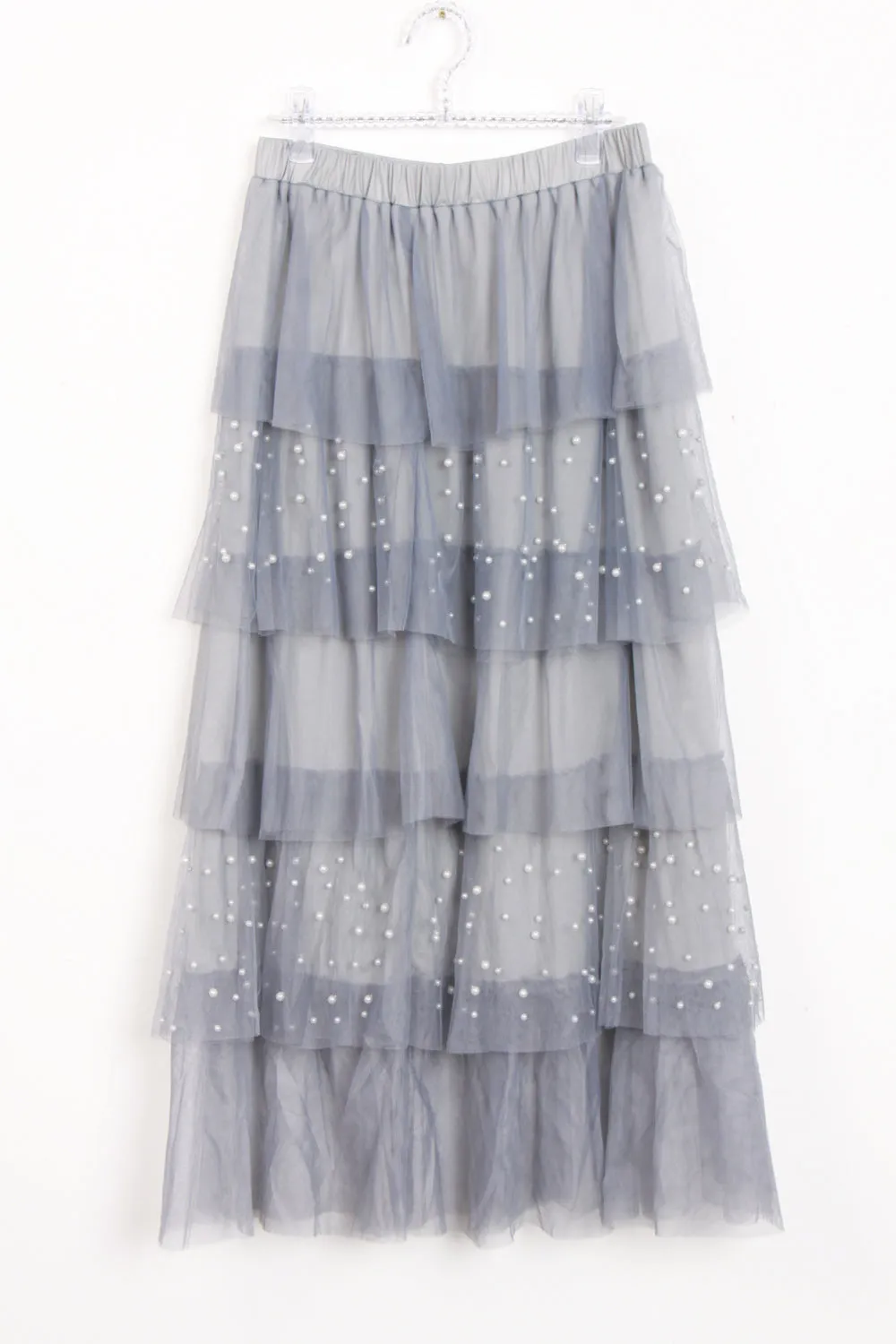 Ruffles Pearls Beading Mesh Tulle Long Skirt