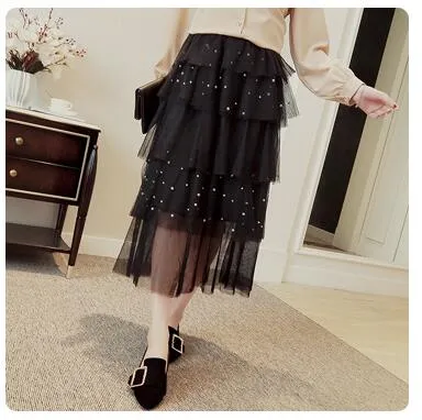 Ruffles Pearls Beading Mesh Tulle Long Skirt