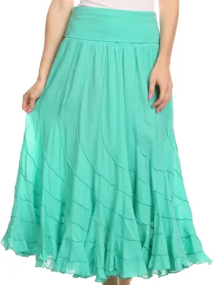 Sakkas Lika Long Ruffle Paneled Fold Over Adjustable High Waist Batik Flare Skirt