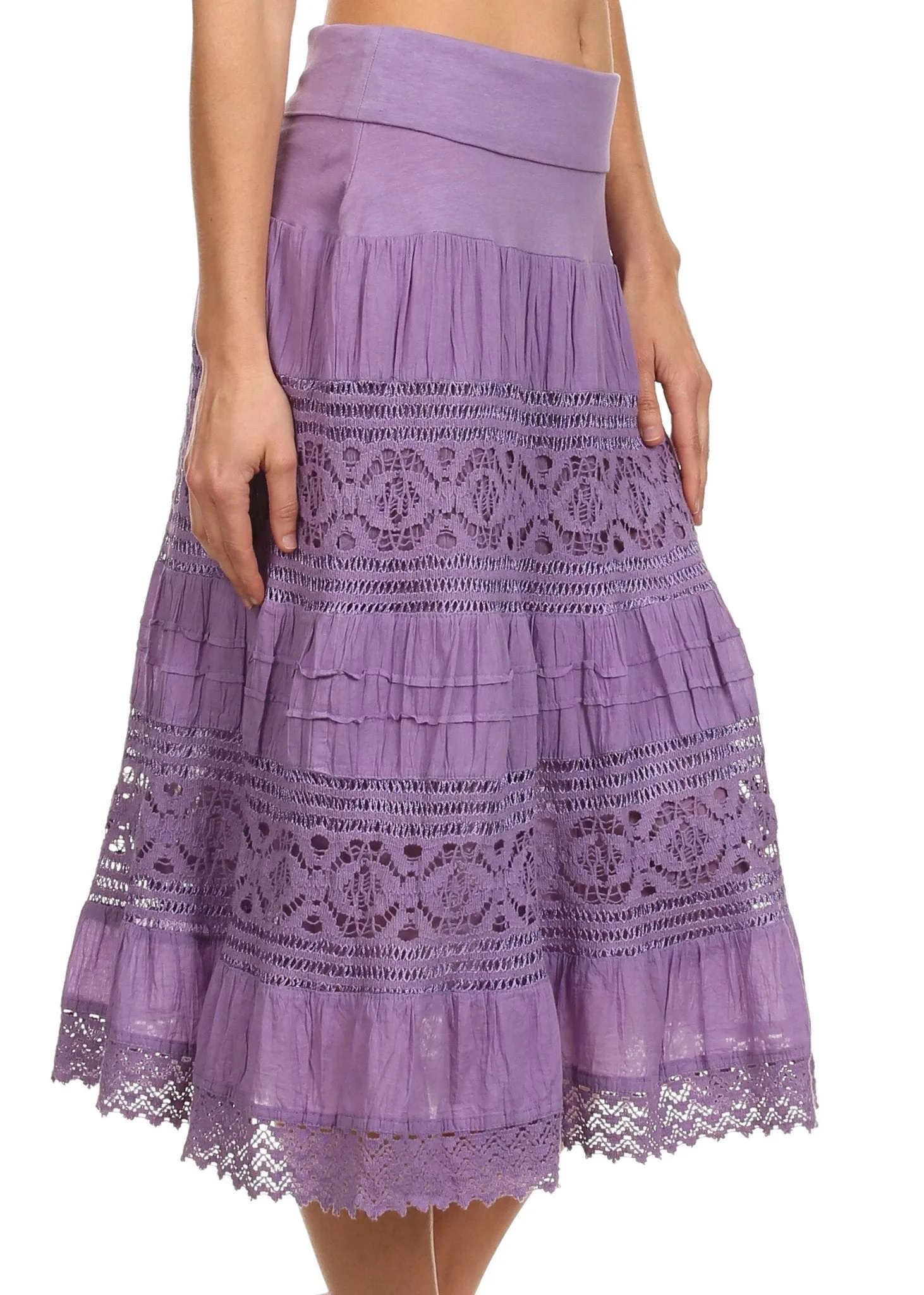 Sakkas Stephanie Crochet Lace Knee-Length Cotton Skirt with Fold-Over Waistband