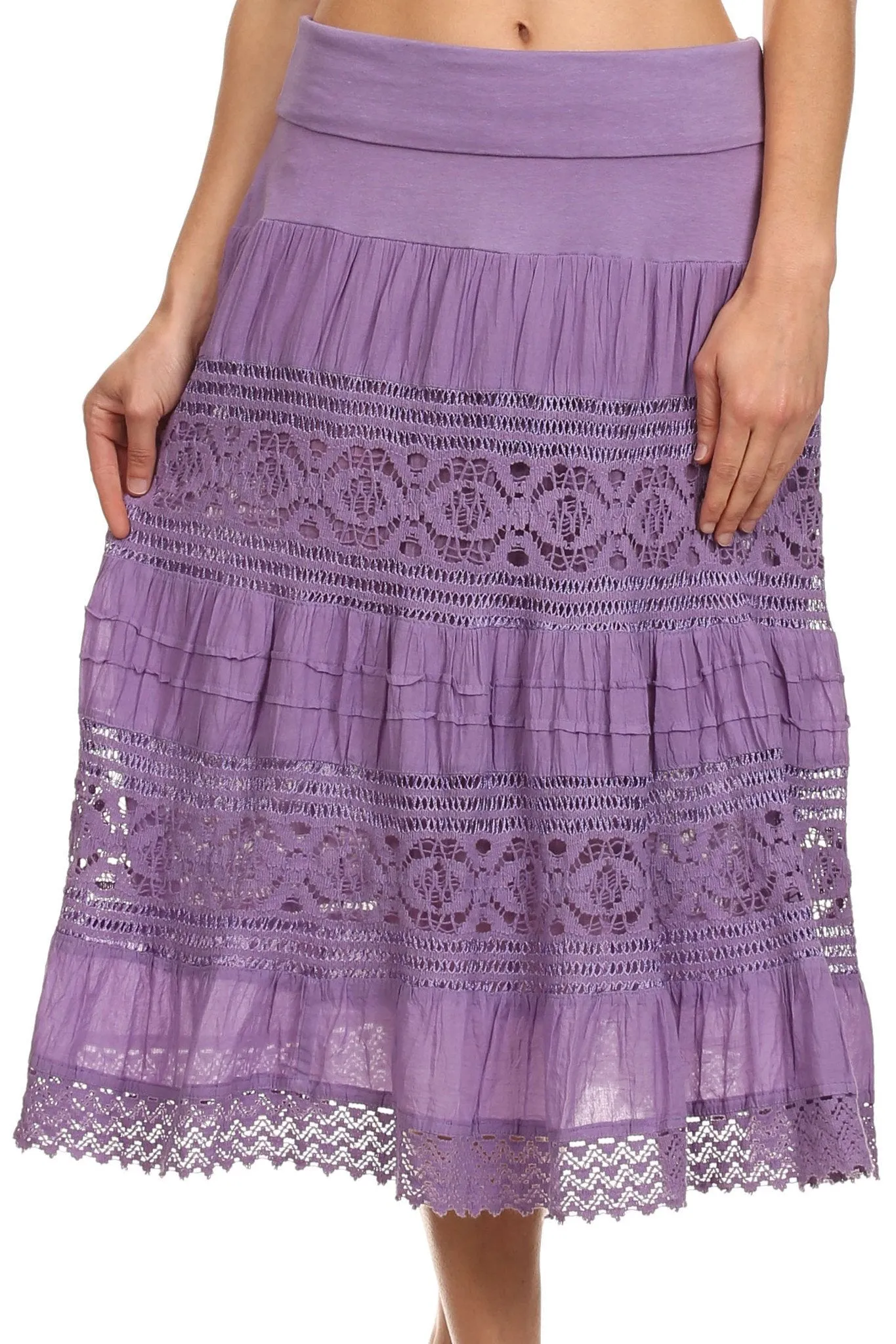 Sakkas Stephanie Crochet Lace Knee-Length Cotton Skirt with Fold-Over Waistband