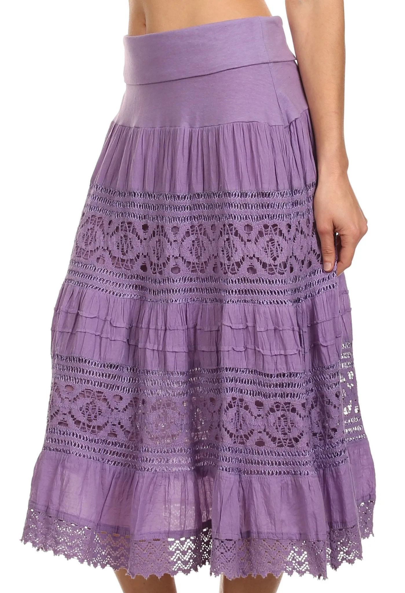 Sakkas Stephanie Crochet Lace Knee-Length Cotton Skirt with Fold-Over Waistband