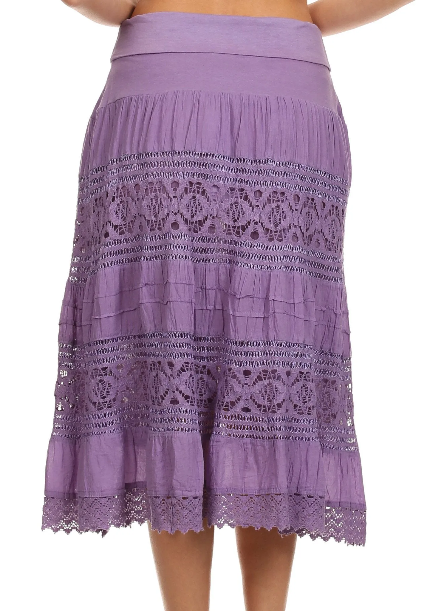 Sakkas Stephanie Crochet Lace Knee-Length Cotton Skirt with Fold-Over Waistband