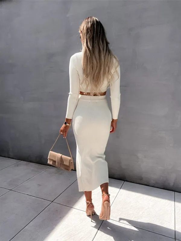 Solid Color Threaded Long-Sleeved Top and Slit Skirt Set