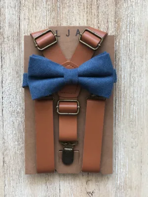 Steel Blue Bow Tie with Caramel Suspender Set