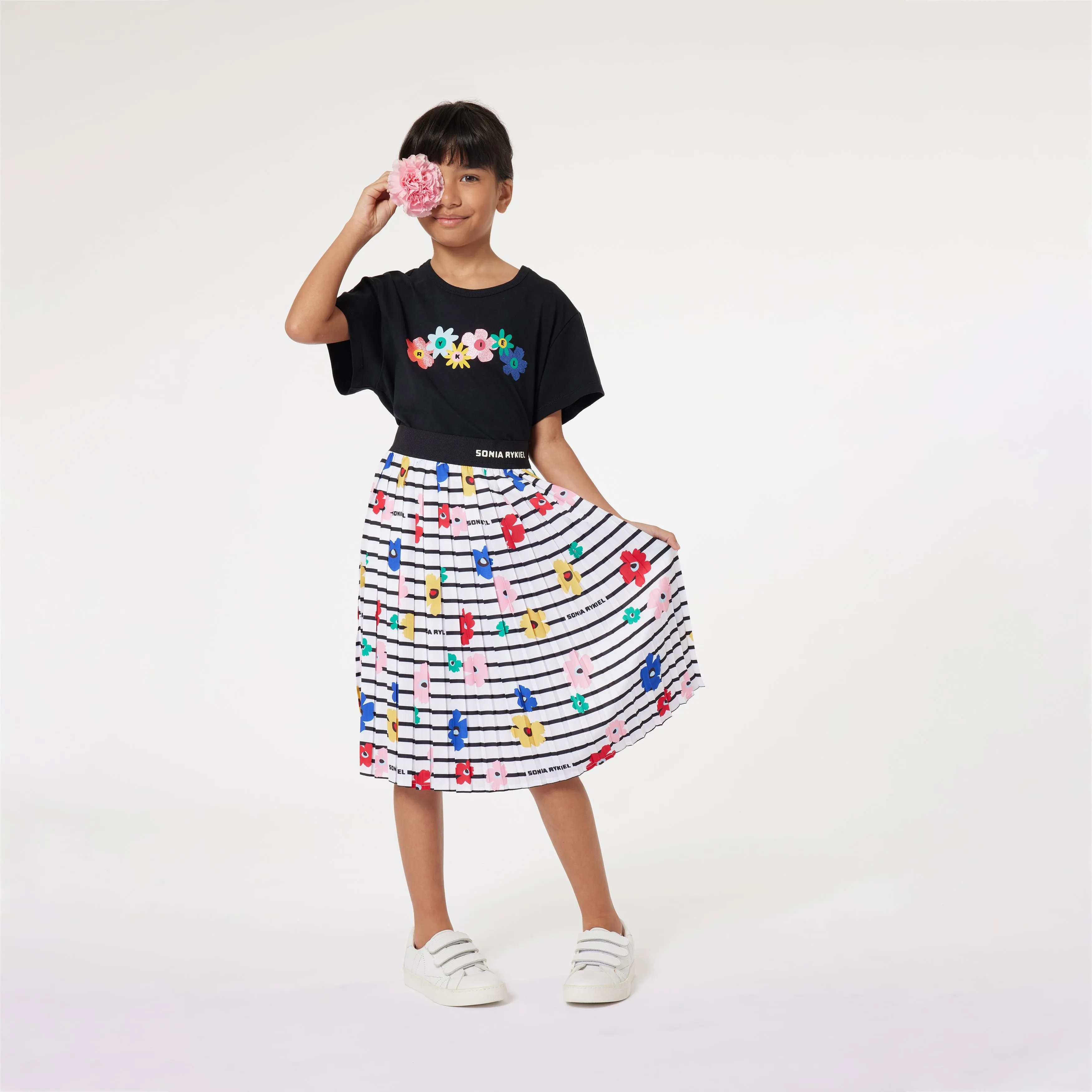 Striped Flowers Pleated Skirt