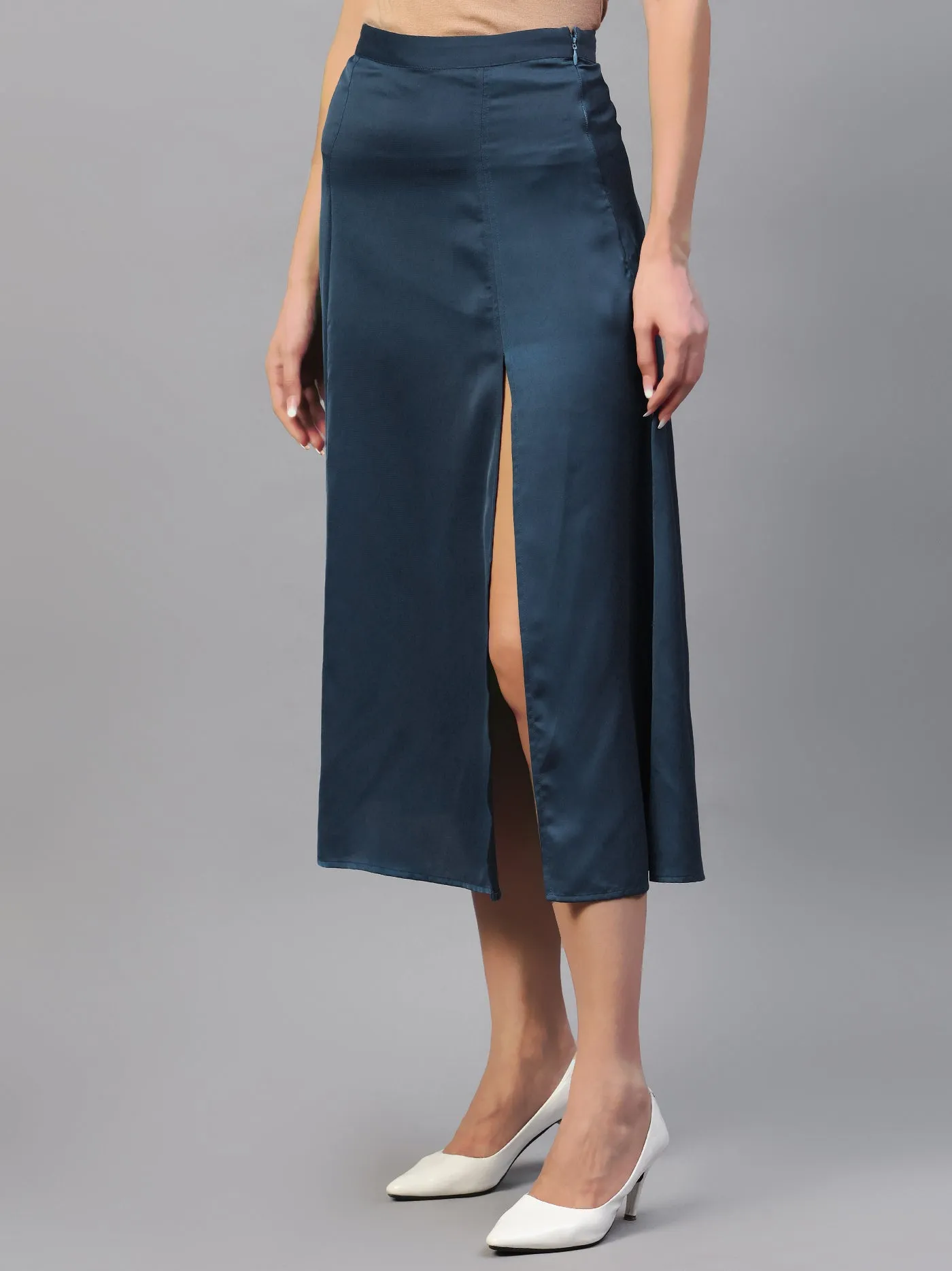 Teal Front Slit Midi A-Line Skirt | Elastic Waistband, Flared Hem