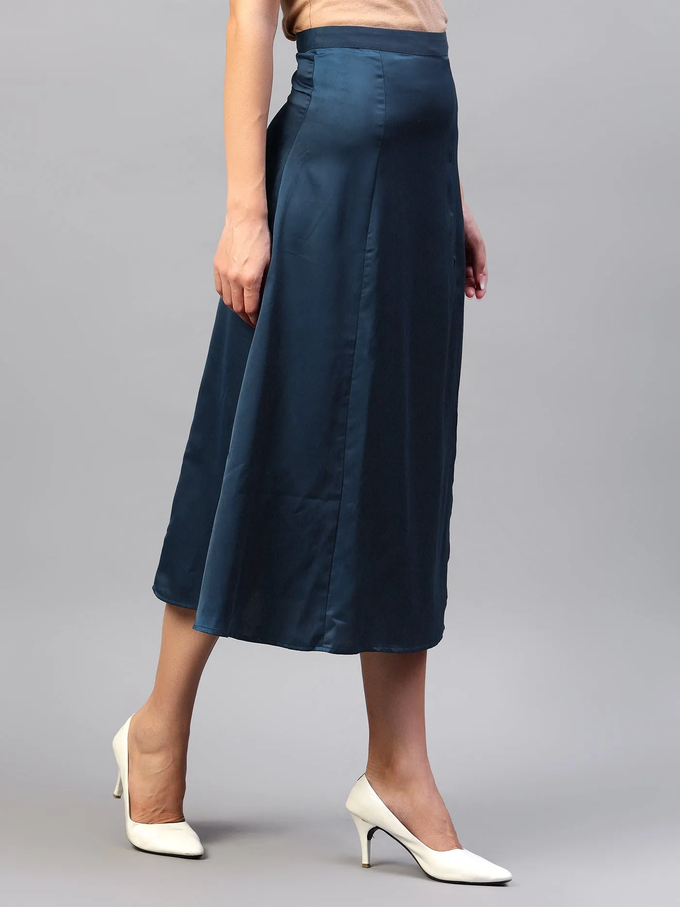 Teal Front Slit Midi A-Line Skirt | Elastic Waistband, Flared Hem