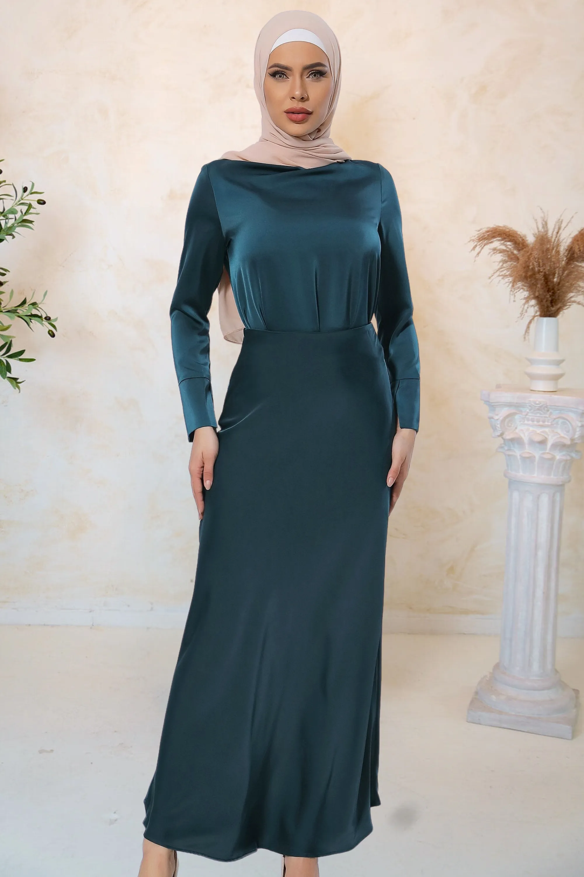 Teal Satin Long Sleeve Skirt Set-PREORDER