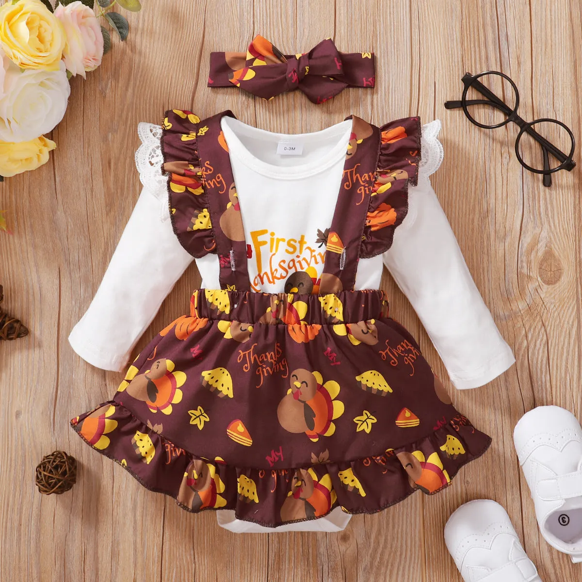 Thanksgiving Baby Romper with Suspender Skirt Outfit