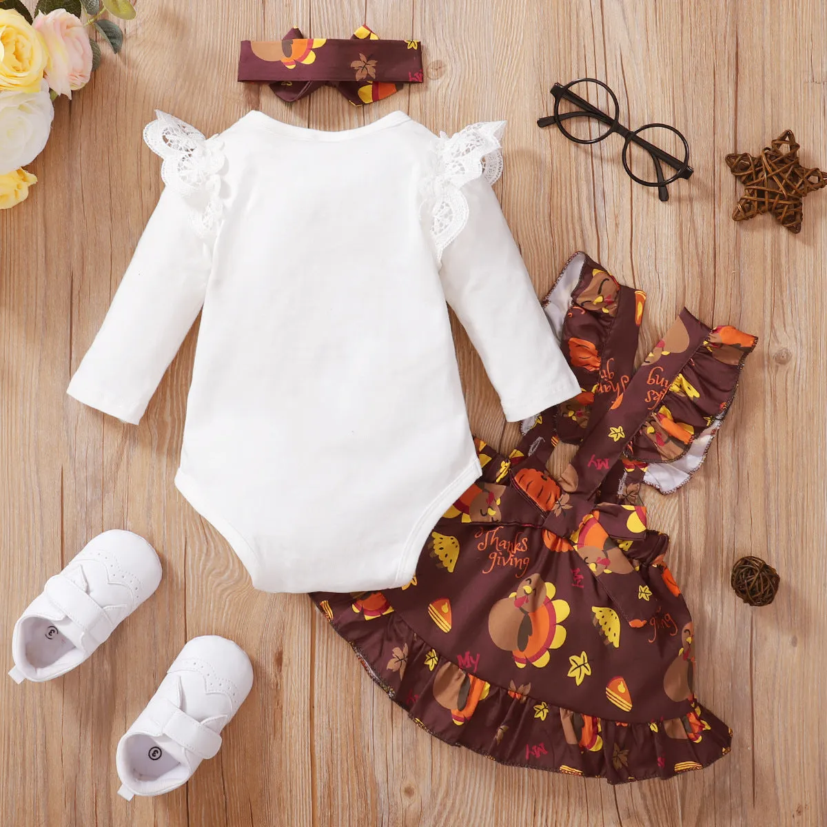 Thanksgiving Baby Romper with Suspender Skirt Outfit