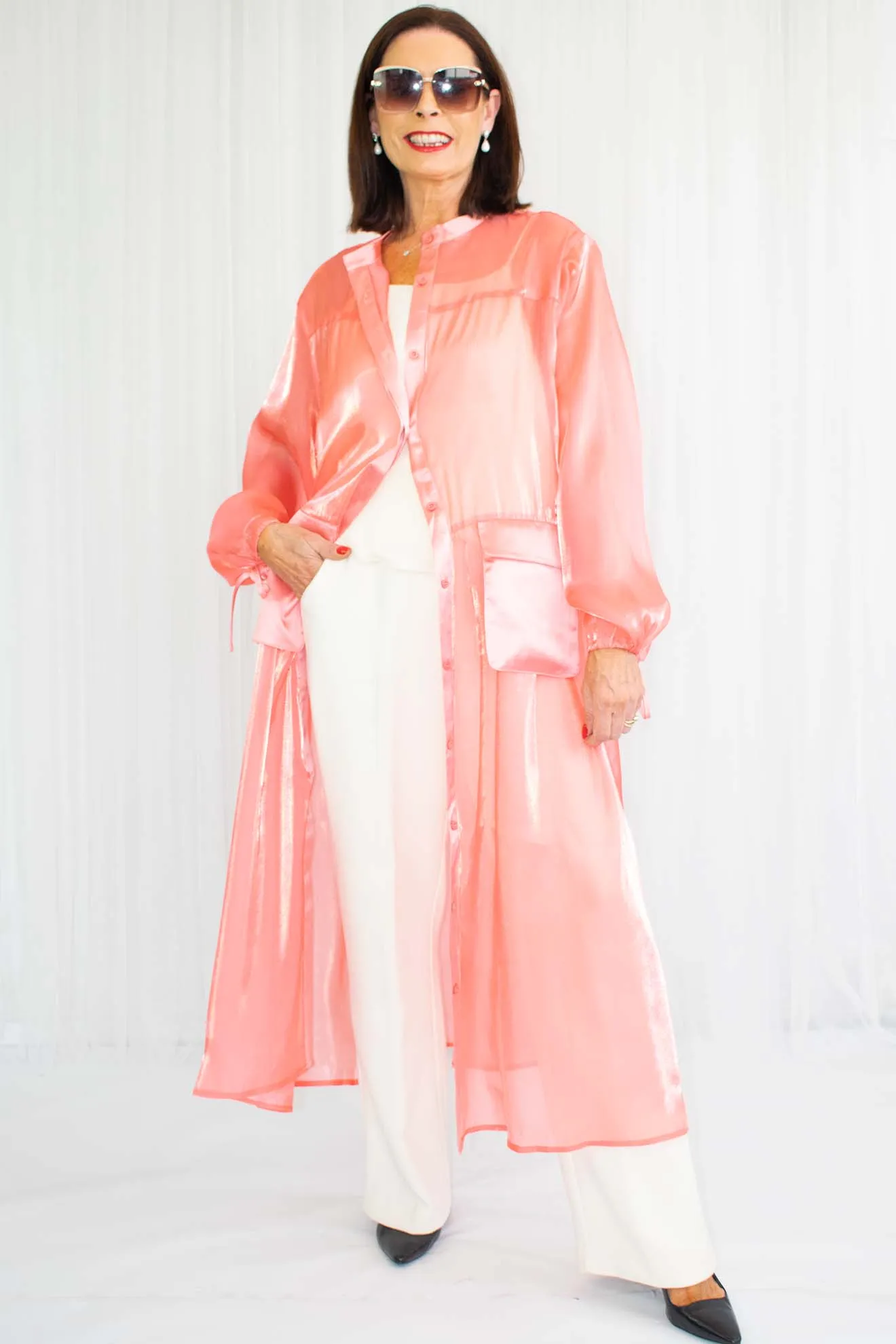 Uma Satin Pocket Sheer Shirt/Dress in Vibrant Coral