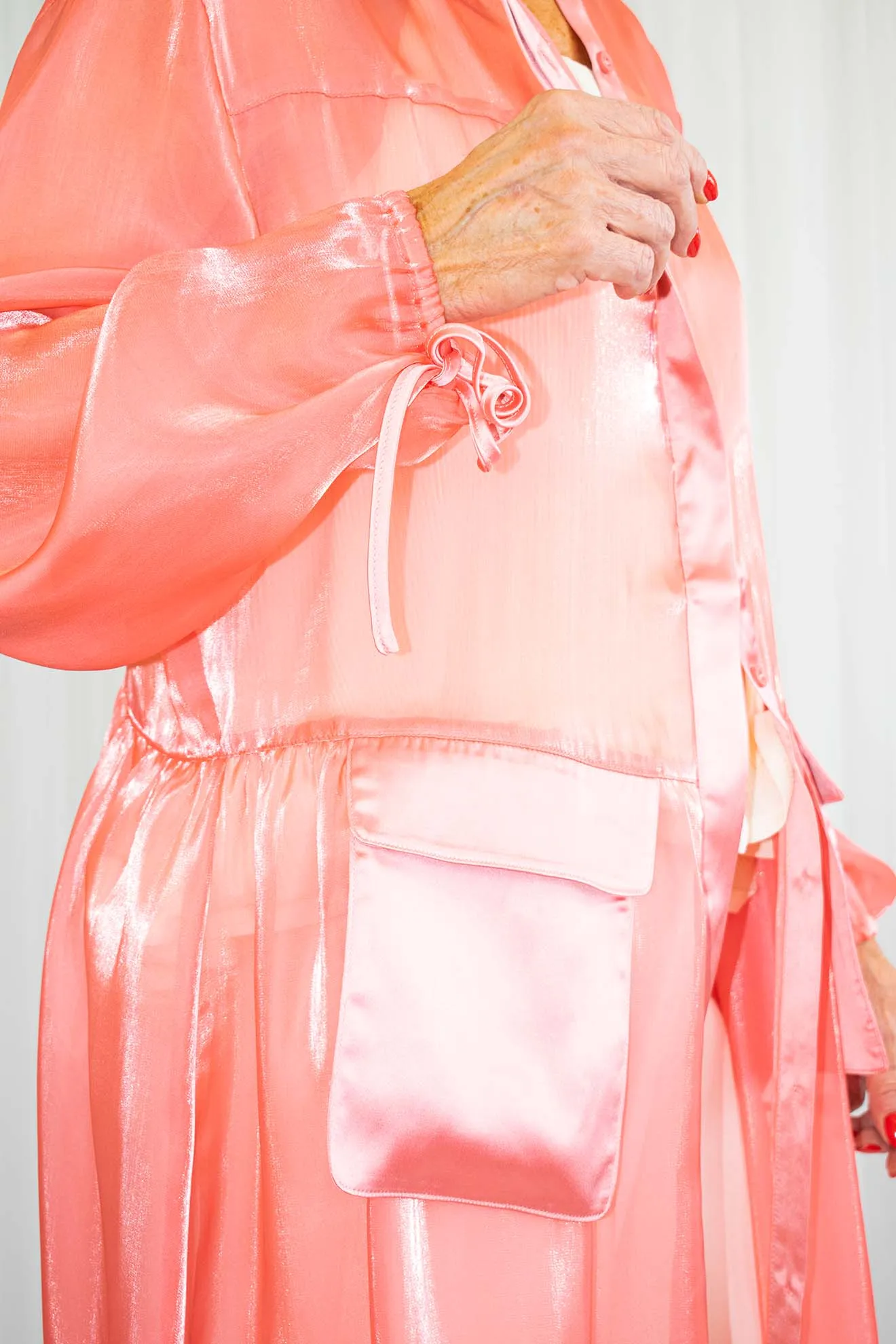 Uma Satin Pocket Sheer Shirt/Dress in Vibrant Coral