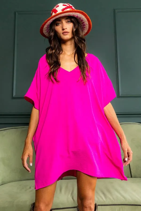 V-neck Short Sleeve Oversize T-shirt Dress FUCHSIA