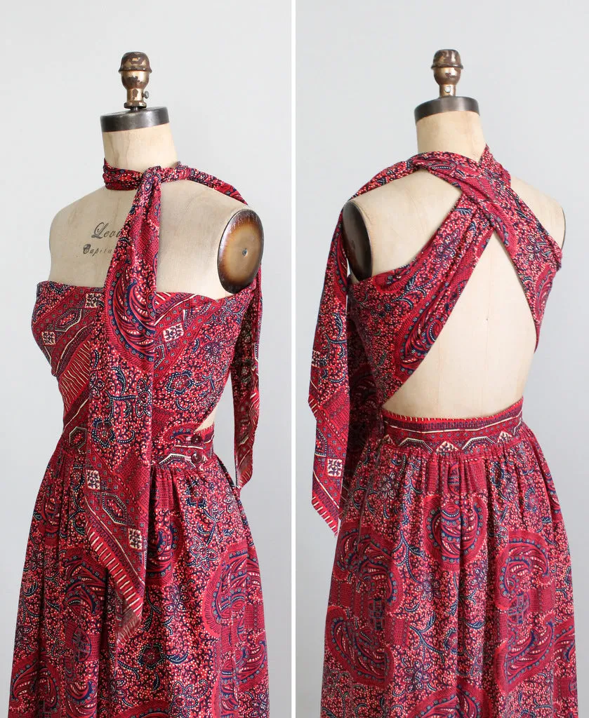 Vintage 1940s Tiki Print Strapless Sundress with Tie Back