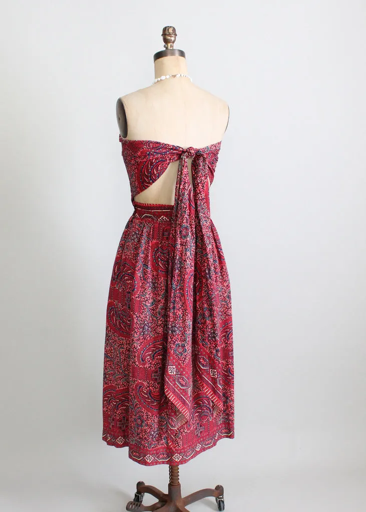 Vintage 1940s Tiki Print Strapless Sundress with Tie Back