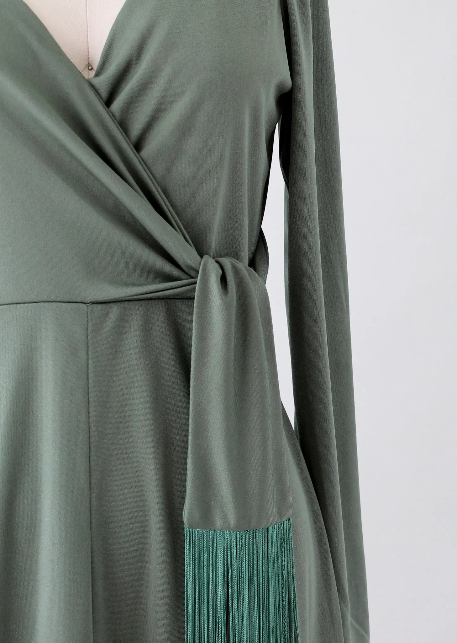 Vintage 1970s Moss Green Tasseled Maxi Dress