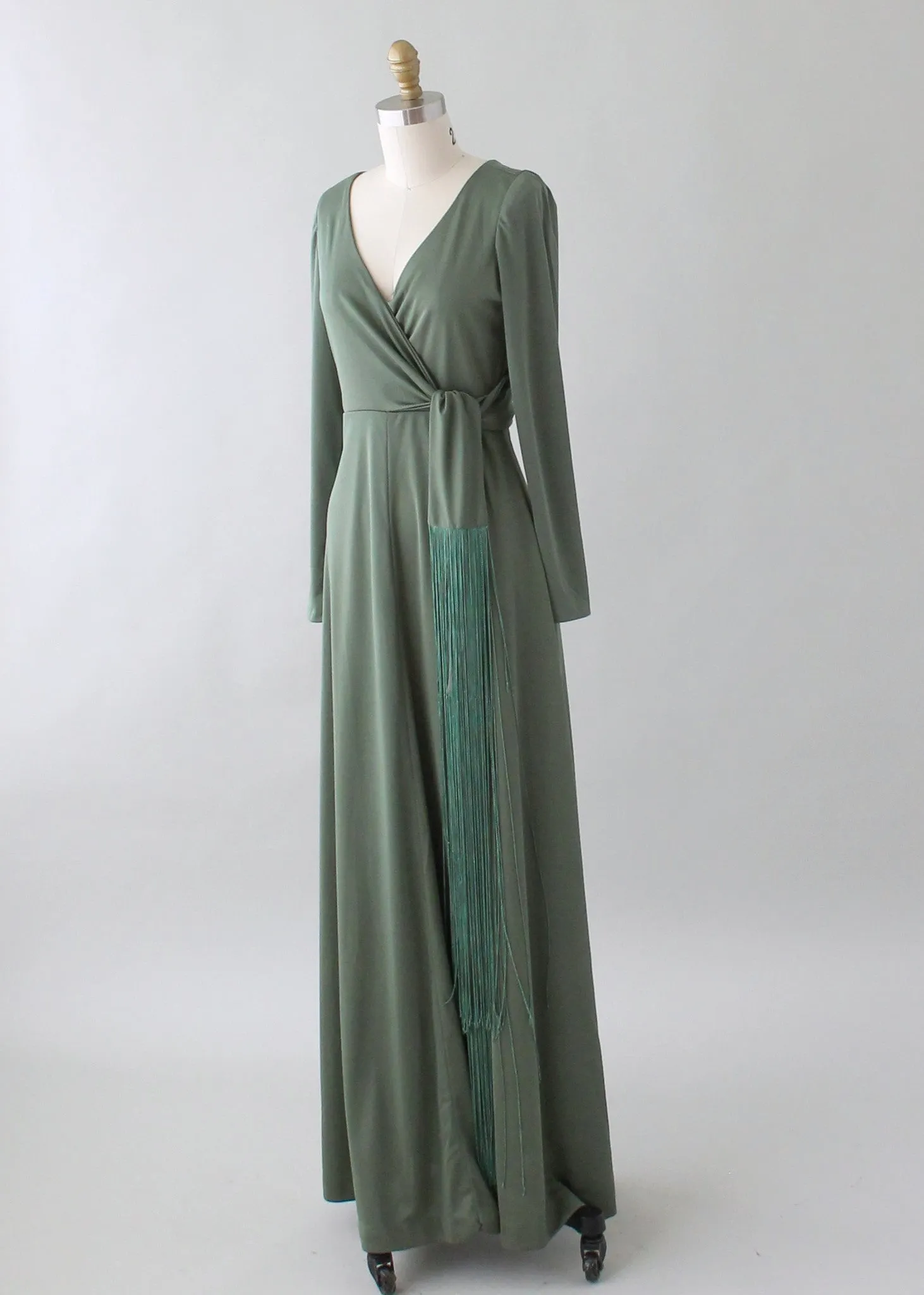 Vintage 1970s Moss Green Tasseled Maxi Dress