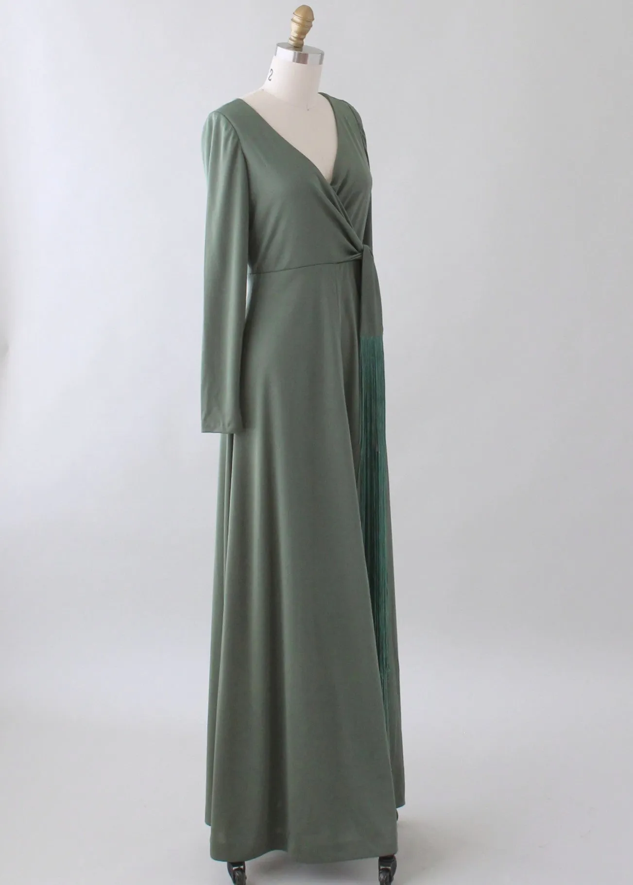 Vintage 1970s Moss Green Tasseled Maxi Dress