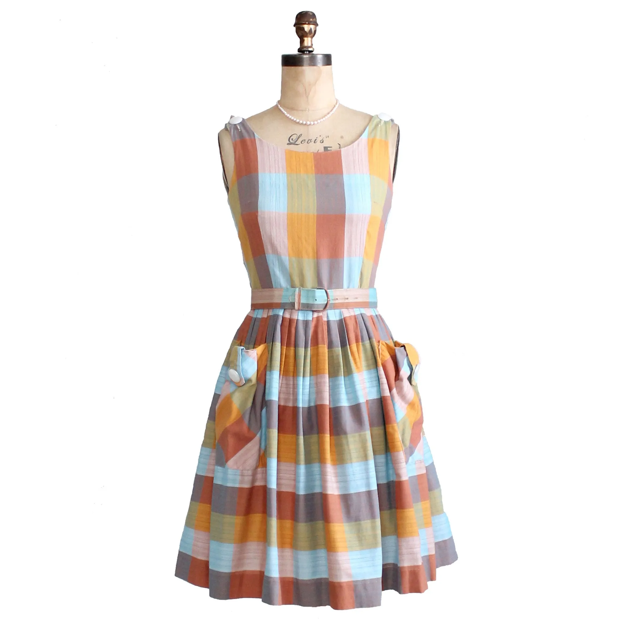 Vintage Early 1960s Windowpane Cotton Dress