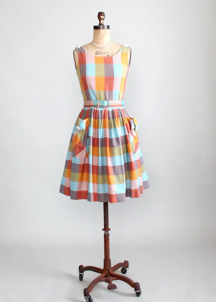 Vintage Early 1960s Windowpane Cotton Dress