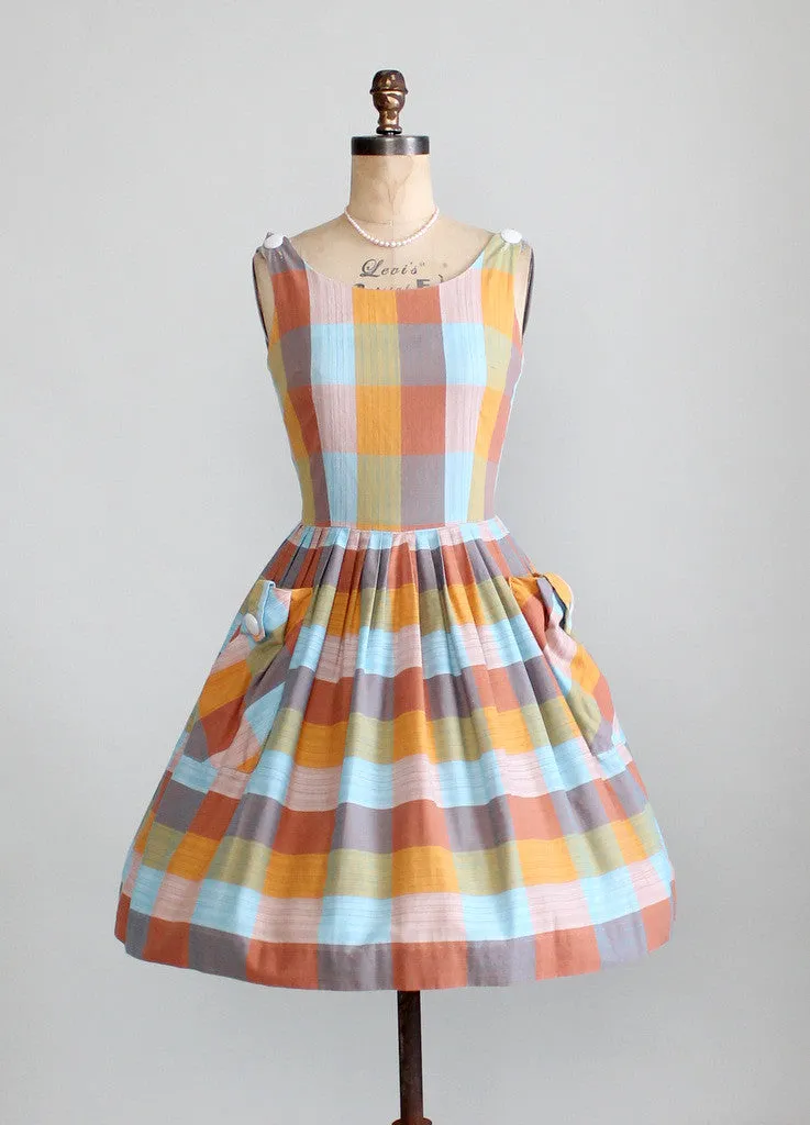 Vintage Early 1960s Windowpane Cotton Dress