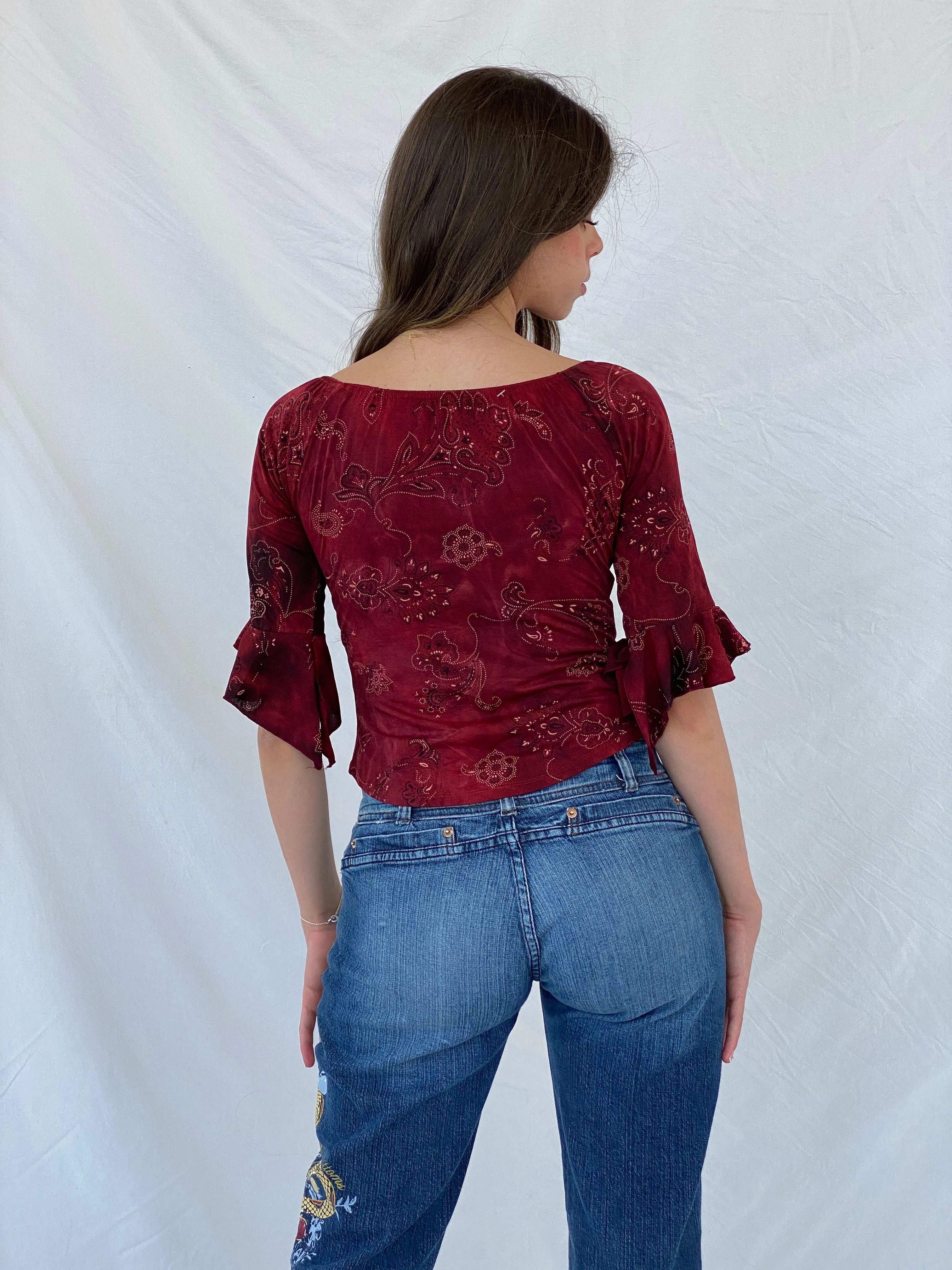 Vintage Floral Glittery Maroon Boho Top - S