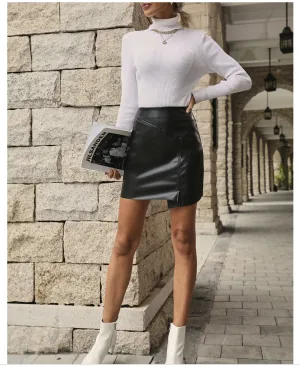 Women Clothing Sexy Slimming Split A Line Skirt Sheath Faux Leather Skirt