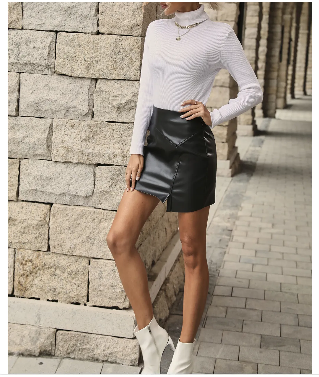 Women Clothing Sexy Slimming Split A Line Skirt Sheath Faux Leather Skirt