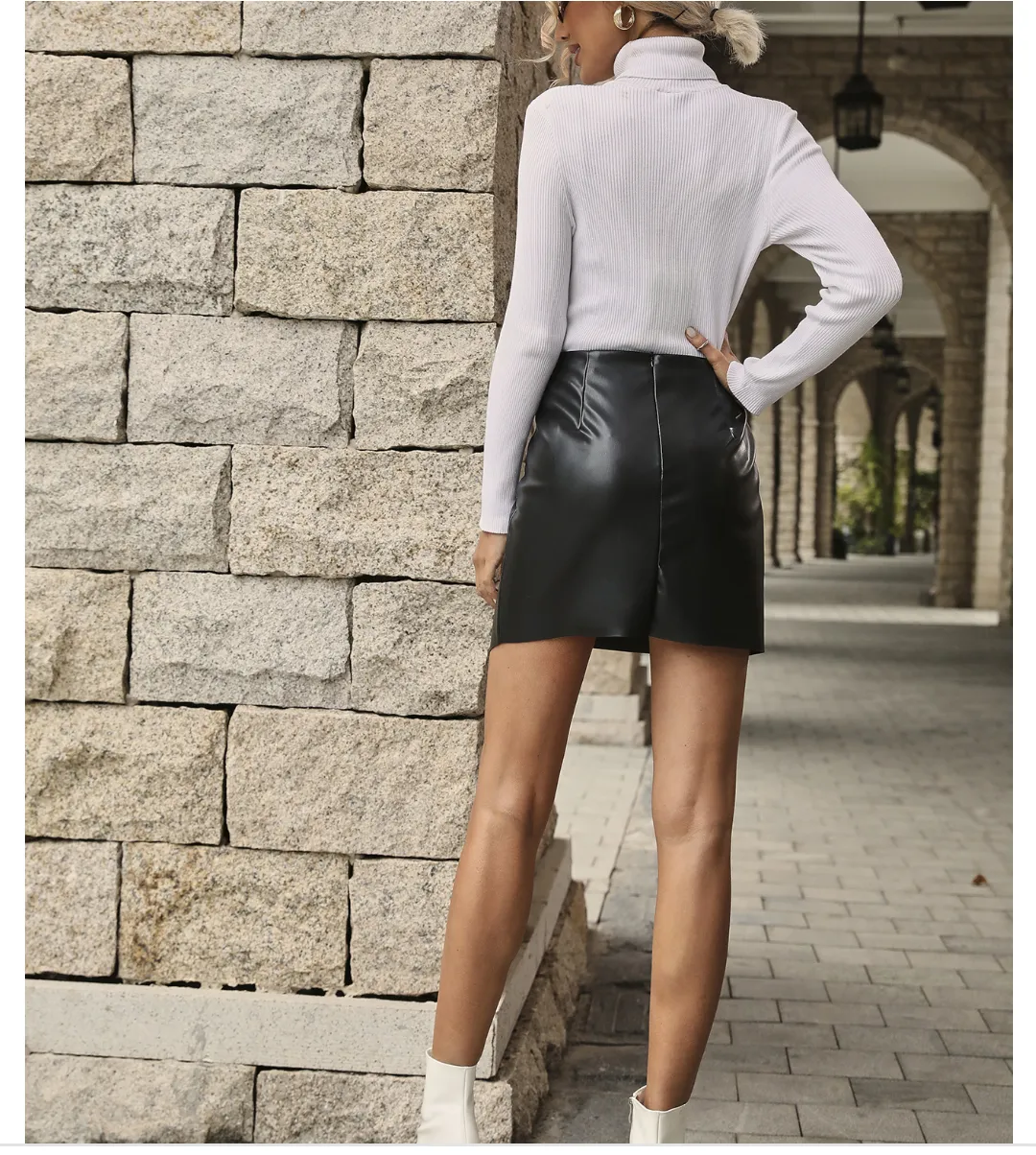 Women Clothing Sexy Slimming Split A Line Skirt Sheath Faux Leather Skirt