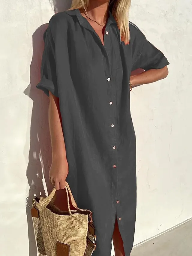 Women's Shirt Dress Casual Dress Midi Dress Daily Cotton Casual Shirt Collar Button Short Sleeve Summer Spring Fall 2023 Loose Fit ArmyGreen Black Red Plain XS S M L XL