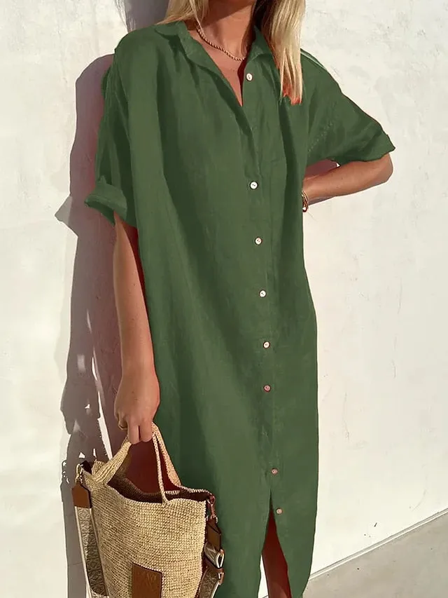 Women's Shirt Dress Casual Dress Midi Dress Daily Cotton Casual Shirt Collar Button Short Sleeve Summer Spring Fall 2023 Loose Fit ArmyGreen Black Red Plain XS S M L XL