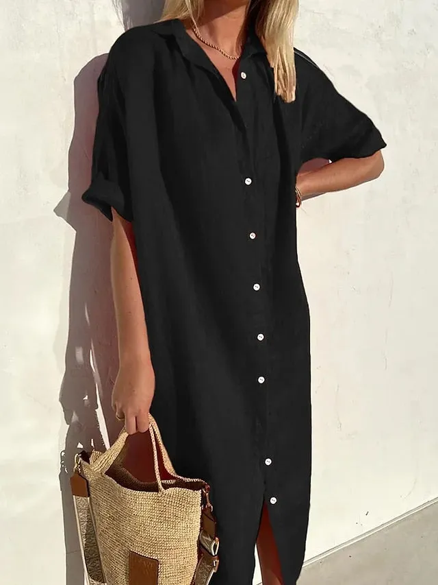 Women's Shirt Dress Casual Dress Midi Dress Daily Cotton Casual Shirt Collar Button Short Sleeve Summer Spring Fall 2023 Loose Fit ArmyGreen Black Red Plain XS S M L XL