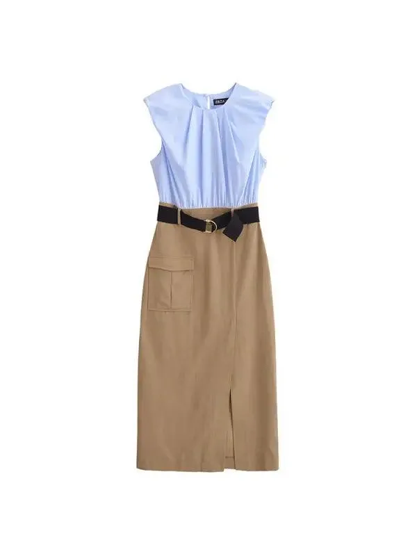 Women’s Sweet Fresh Elegant Holiday Wind Belt Belt Contrast Color Midi Skirt Dress