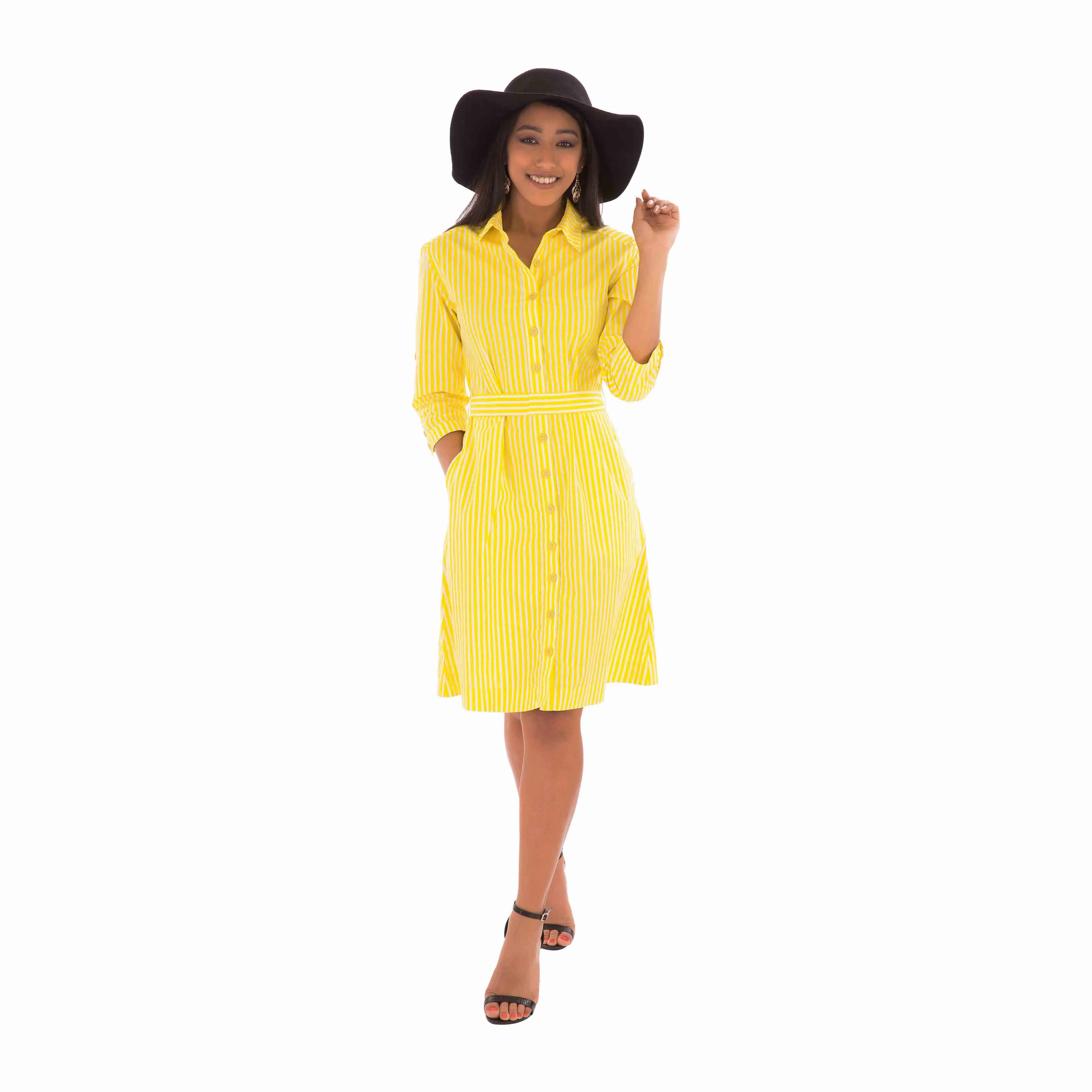 Yellow Shirt Dress Cotton Stripe Print Mid Waist Tie Adjustable Sleeves Pockets Price