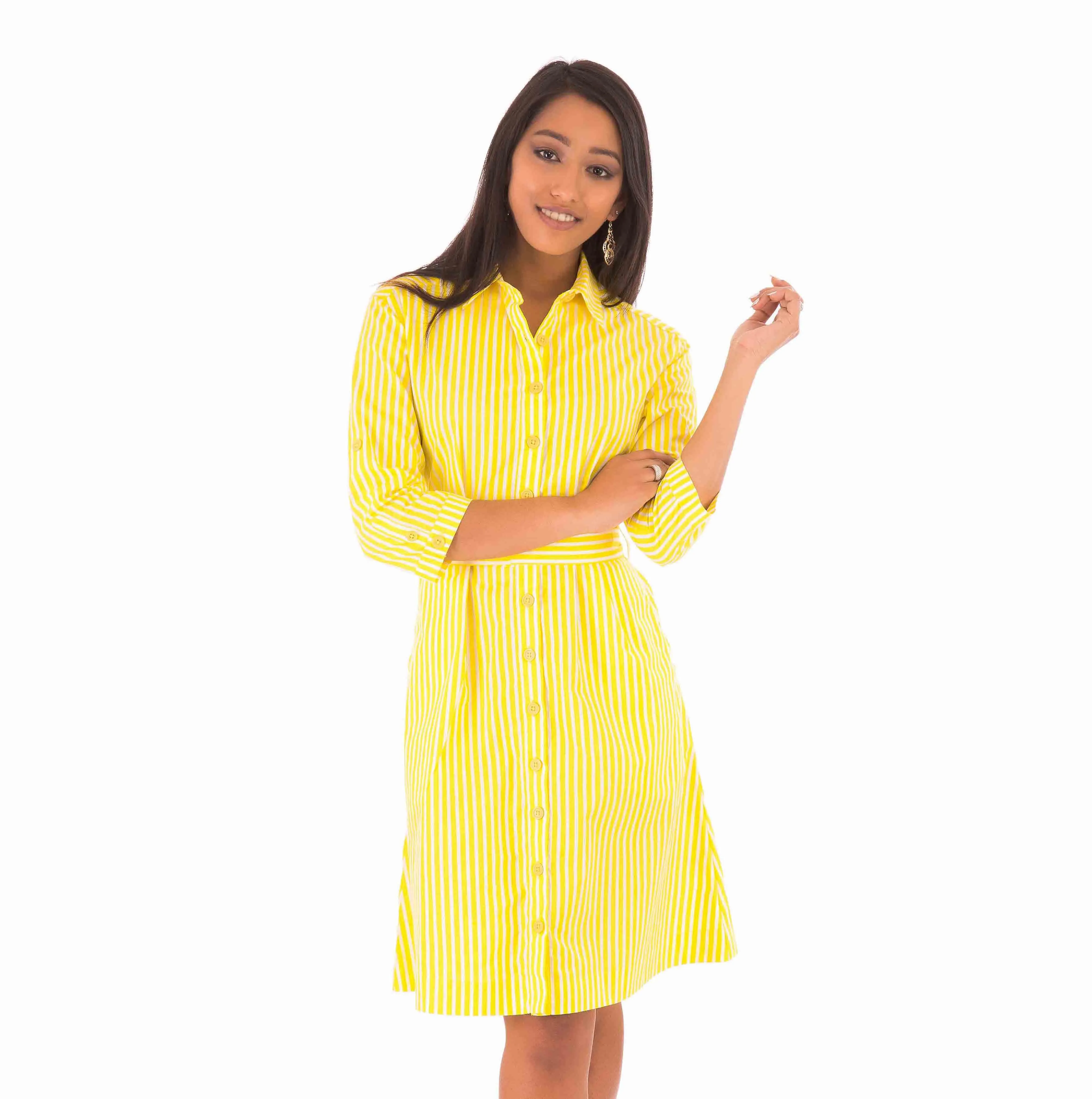 Yellow Shirt Dress Cotton Stripe Print Mid Waist Tie Adjustable Sleeves Pockets Price